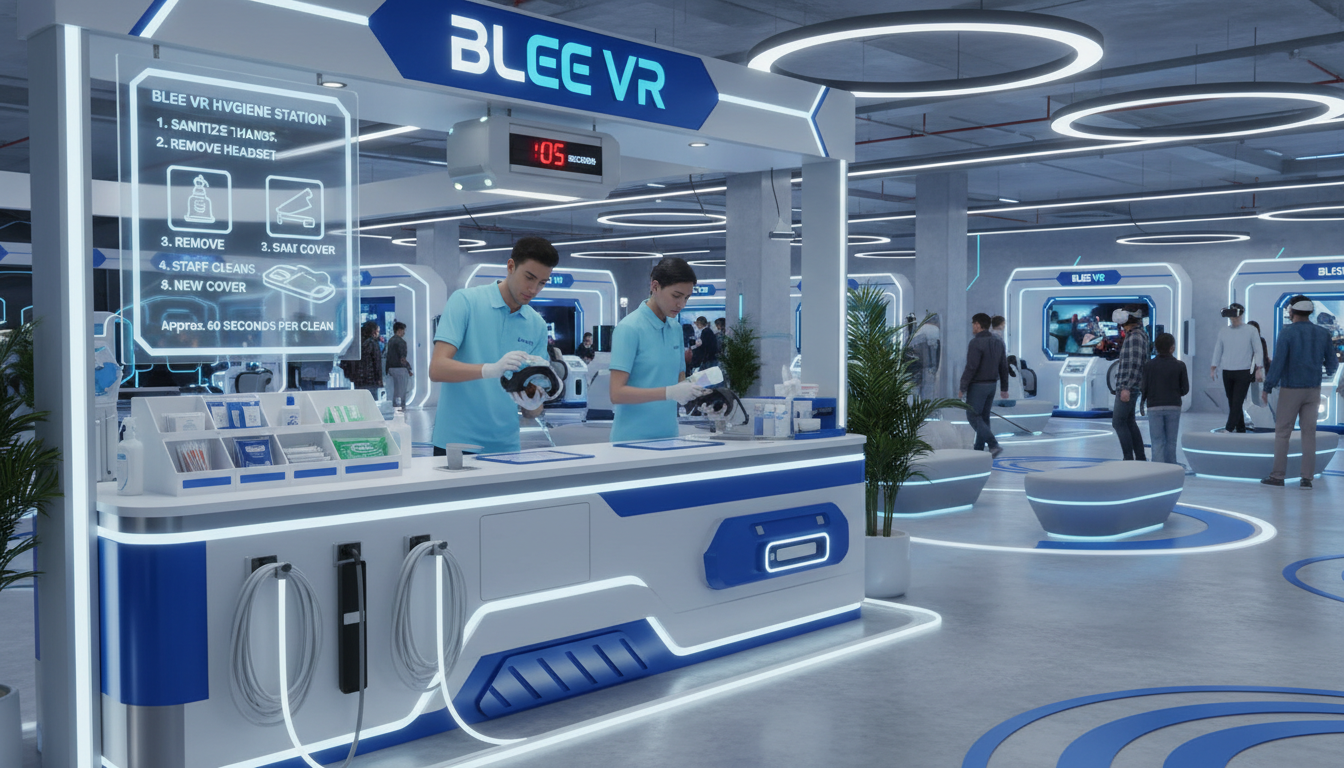 BLEE VR hygiene station: staff cleaning a headset in about 60 seconds, durable materials, organized sanitization area beside the VR zone, clear instructional signage
