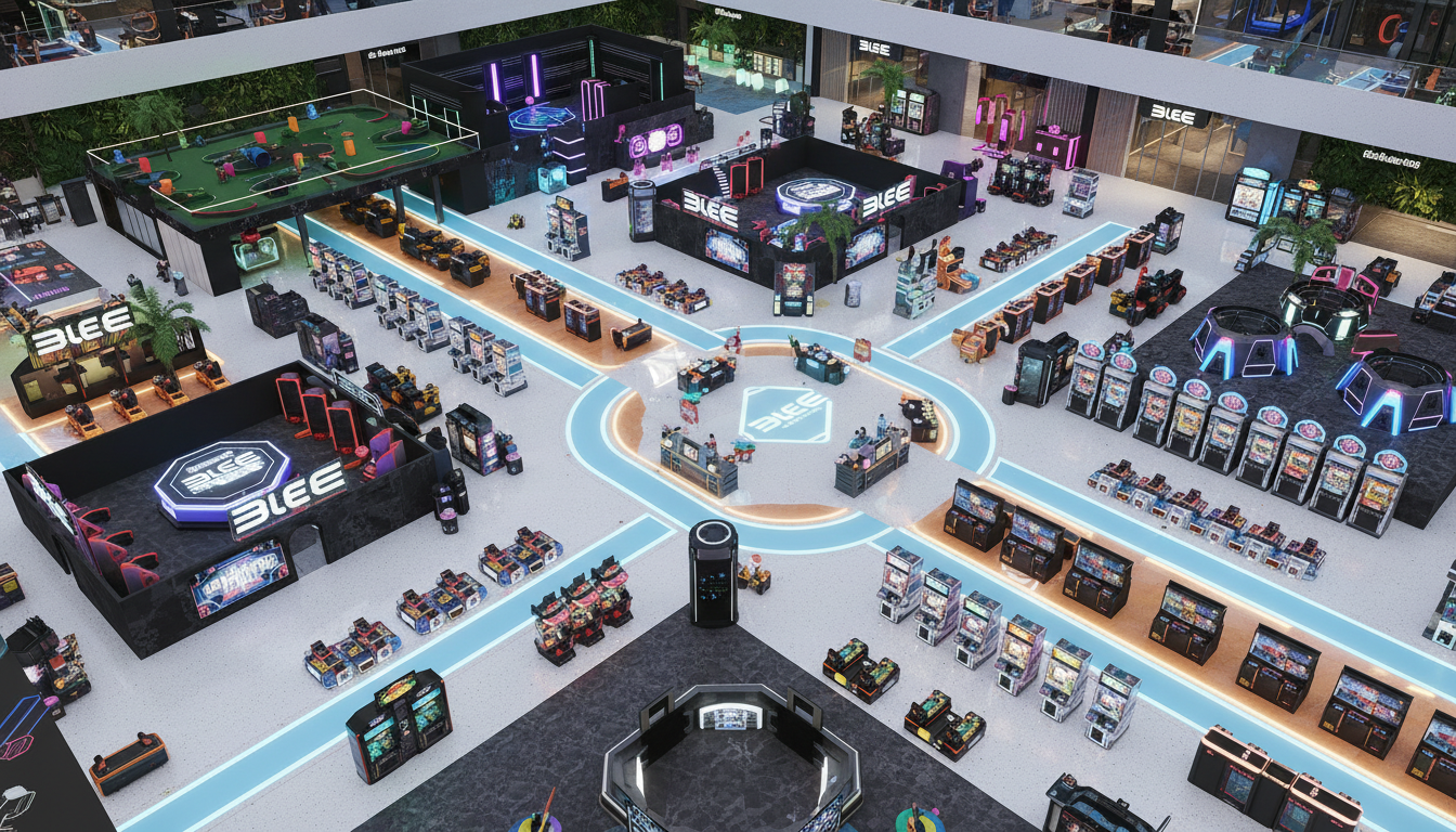 BLEE 2D/3D design render: optimized arcade layout planning for a shopping mall FEC, balanced sightlines, attraction mix planning
