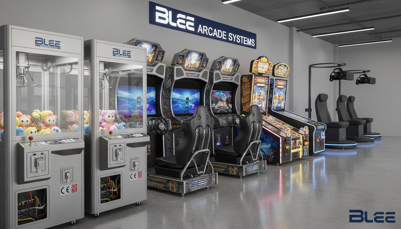 BLEE-certified arcade equipment lineup: photorealistic row of claw machines, racing simulators, shooting cabinets, redemption games, and VR stations with industrial-grade components, clean cable management, compliance badges (CE, RoHS), sleek BLEE branding, professional showroom lighting.
