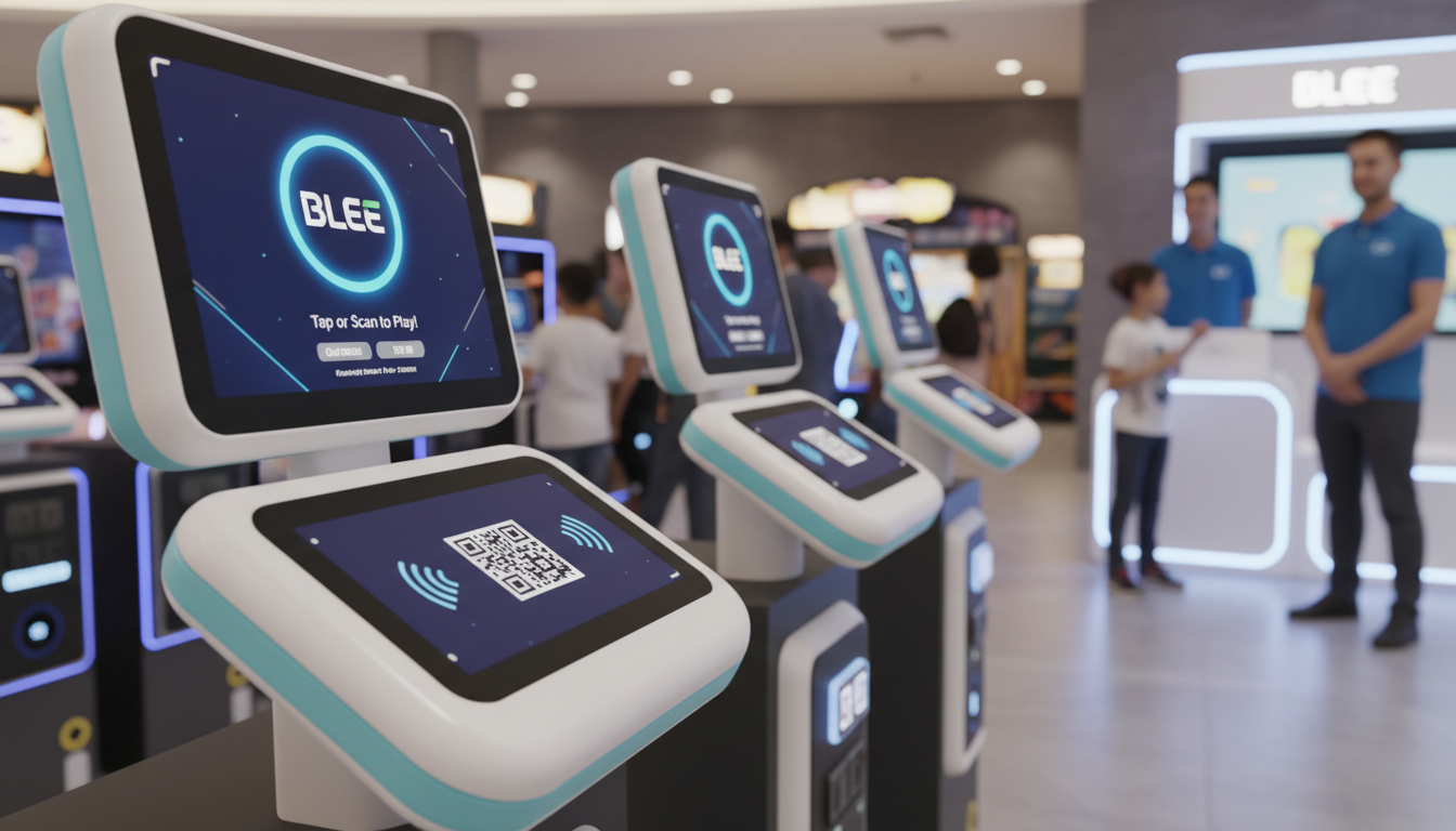 Cashless FEC payment integration by BLEE: close-up of NFC and QR-enabled card readers on arcade machines, unified BLEE UI screens, soft ambient lighting, kids-safe design, modern mall interior background, staff assisting guests, secure and convenient vibe.