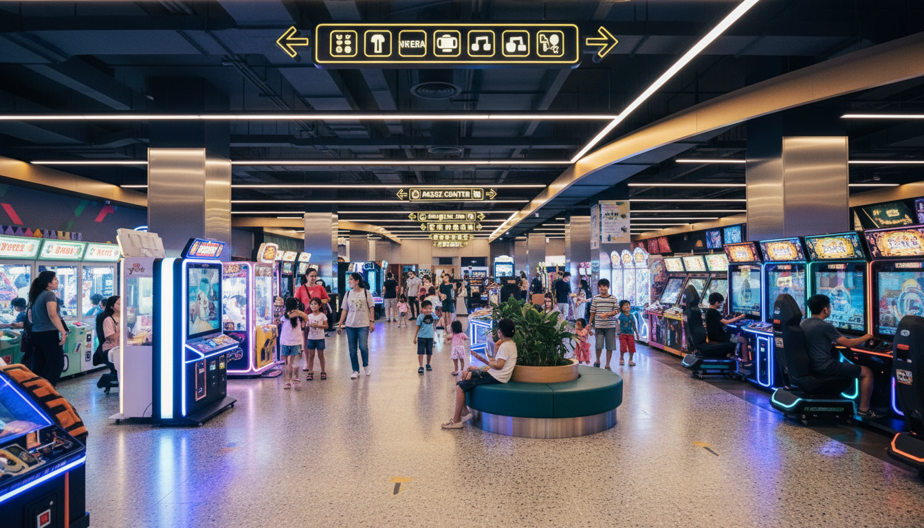 Case study showcase: BLEE-designed 400 sqm FEC interior with VR + arcade mix, wide-angle photorealistic shot, colorful yet refined theme, high foot traffic, clear wayfinding, family-friendly ambiance, machines running smoothly, crisp focus and vibrant colors.