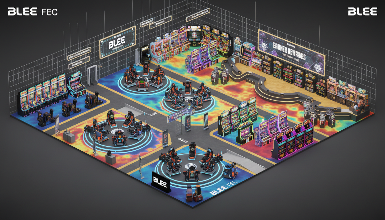 BLEE FEC floor plan visualization showing anchor simulators, converter skill games, and earner redemption zones, with customer flow heatmaps, wide aisles, accessibility, and clear signage; isometric 3D design for arcade layout planning and turnkey setup.
