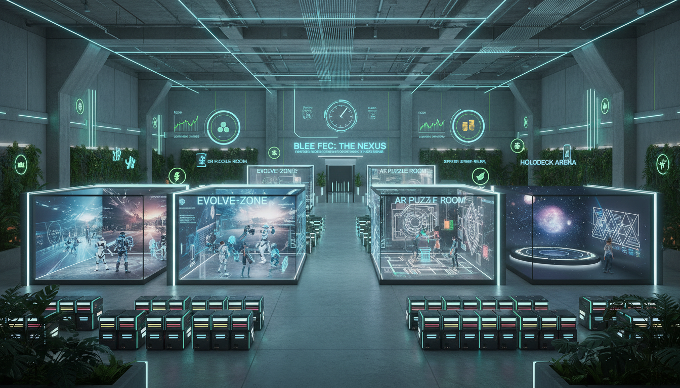 Future-proof BLEE FEC concept: modular zones for upgrading to new VR/AR attractions, scalable machine rows, energy-efficient lighting, sustainability icons, and real-time analytics displays monitoring flow and earnings across the arcade.